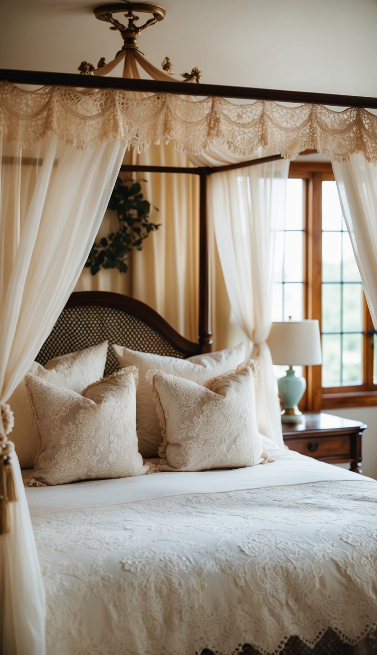 A cozy master bedroom with lace cushions on a canopy bed, soft lighting, and romantic decor