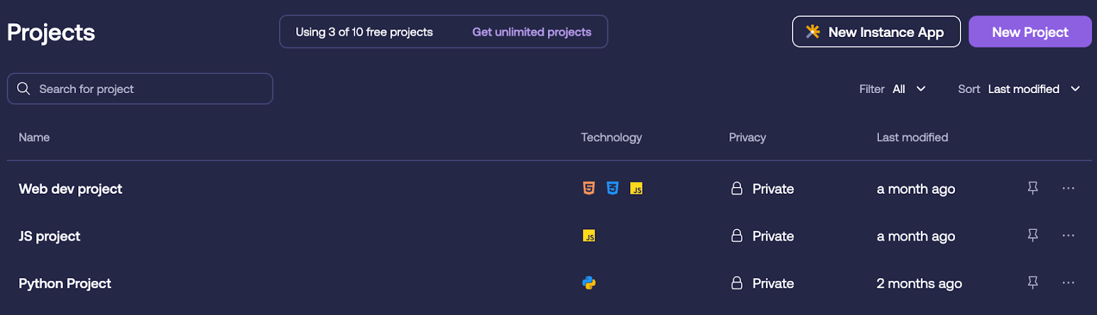 Instance platform's project dashboard showing three private projects: Web dev, JS, and Python.