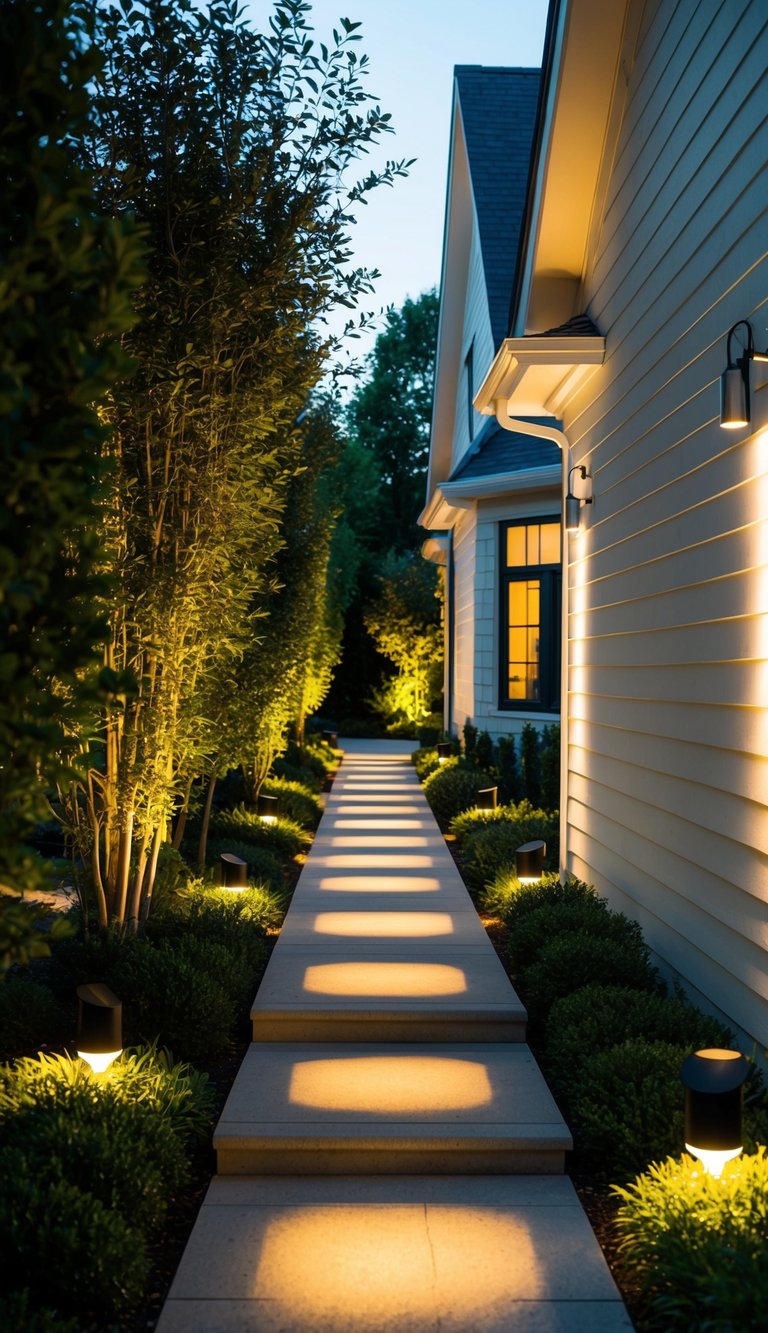 A well-lit pathway leads through a lush garden with strategically placed outdoor lighting illuminating the sides of the house