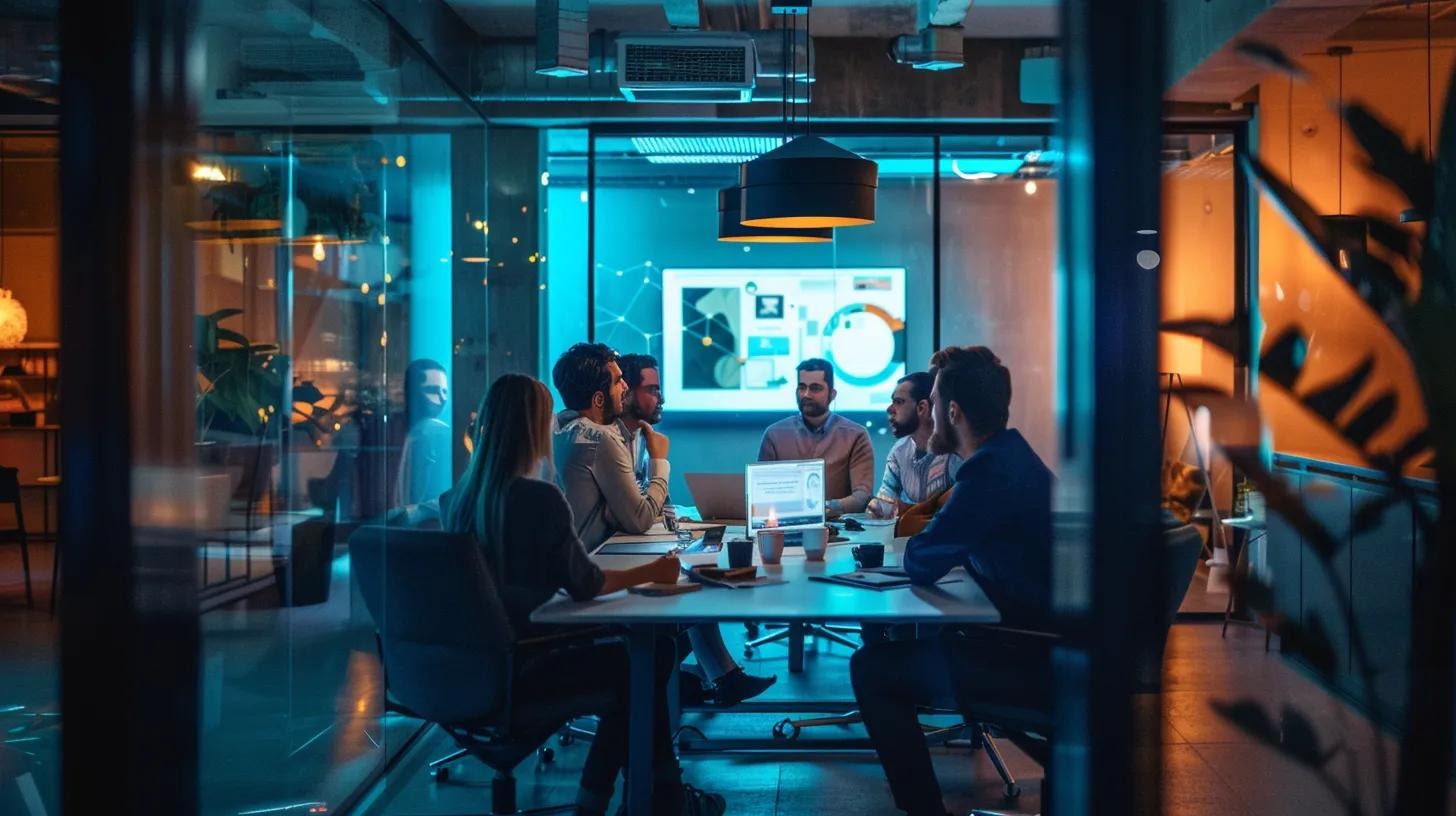 a dynamic office environment featuring a focused business team gathered around a sleek conference table, engaged in a strategic discussion over a digital presentation about selecting the ideal cms for their playa hermosa small business success, illuminated by modern ambient lighting.