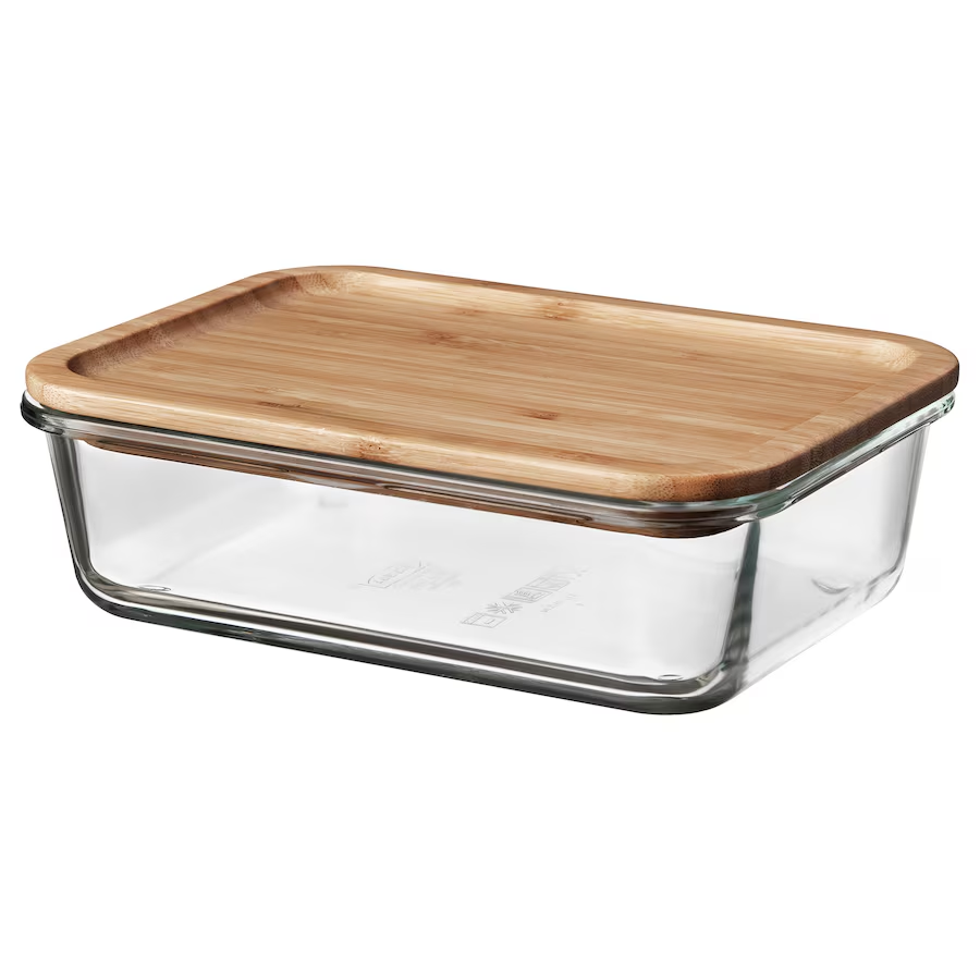 Ikea Glass Food Container with Bamboo Lid, featuring heat-resistant glass and a silicone-sealed bamboo lid for eco-friendly food storage.