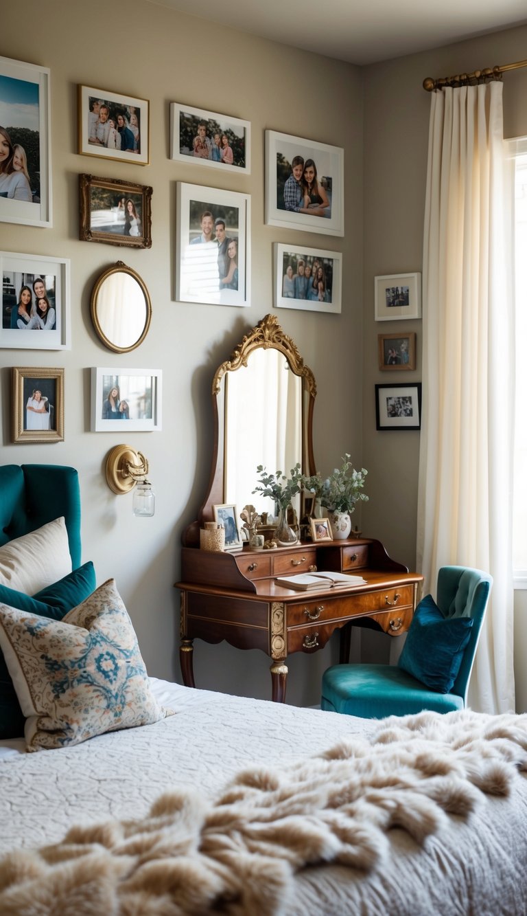 A cozy bedroom with eclectic decor: a gallery wall of personal photos, a vintage vanity with trinkets, and a cozy reading nook with plush pillows