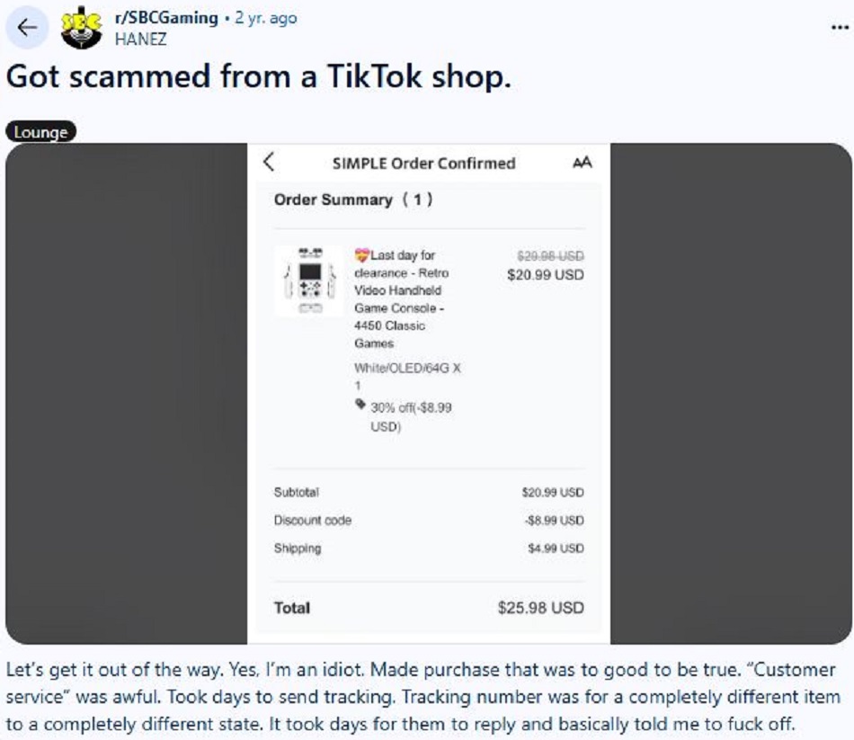 TikTok Shop scam products Reddit