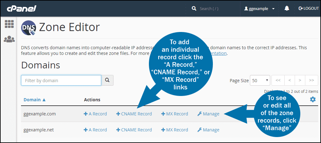 cPanel DNS zone editor step 1