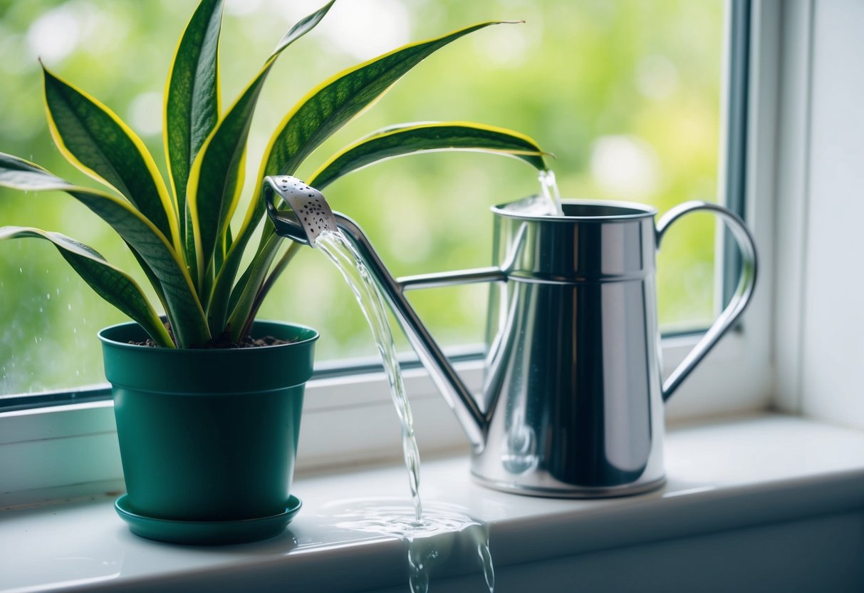 A snake plant sits on a windowsill, receiving a gentle stream of water from a watering can with a long spout. The plant's leaves are vibrant and healthy