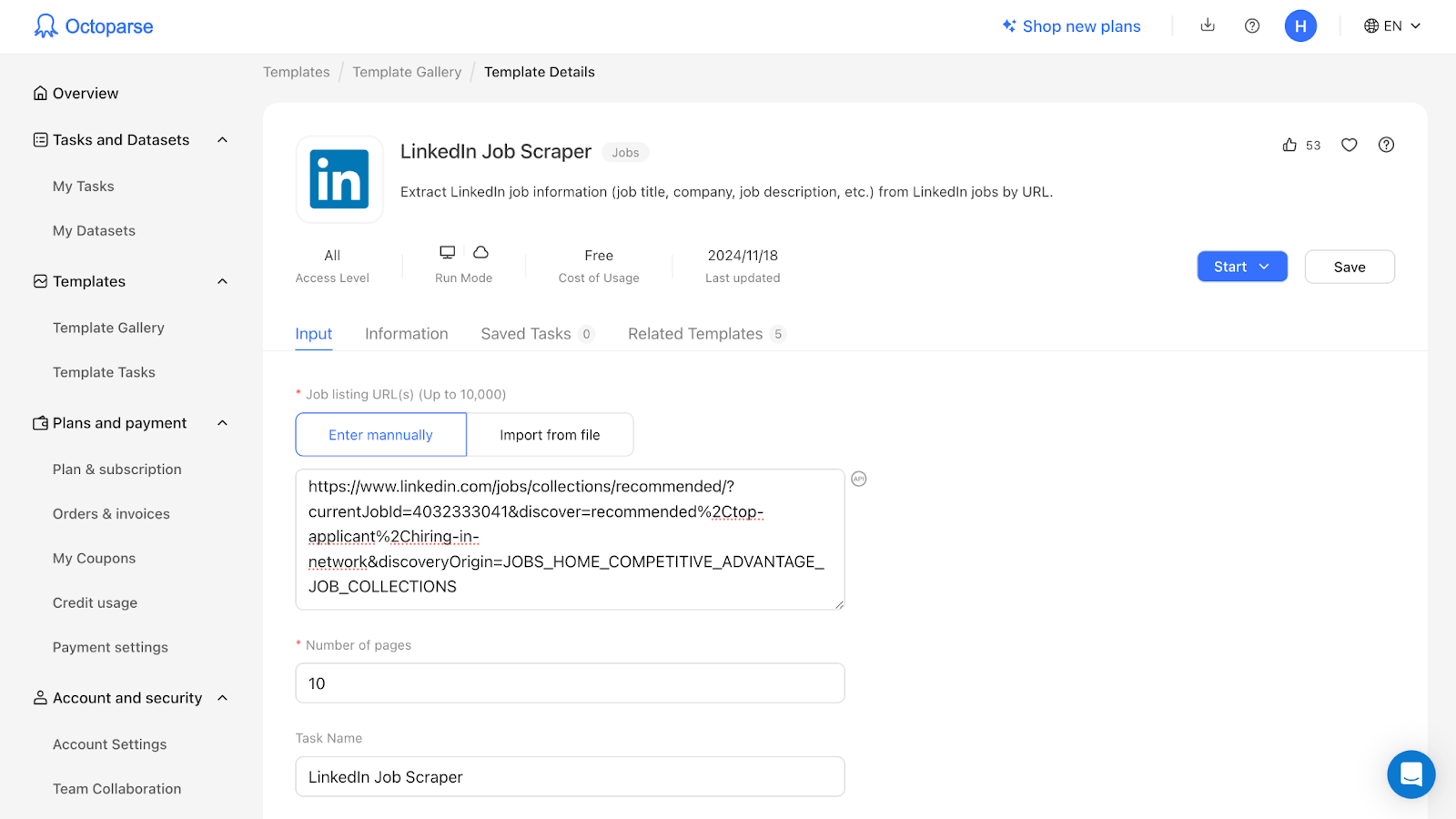 OctoParse's LinkedIn Job Scraper