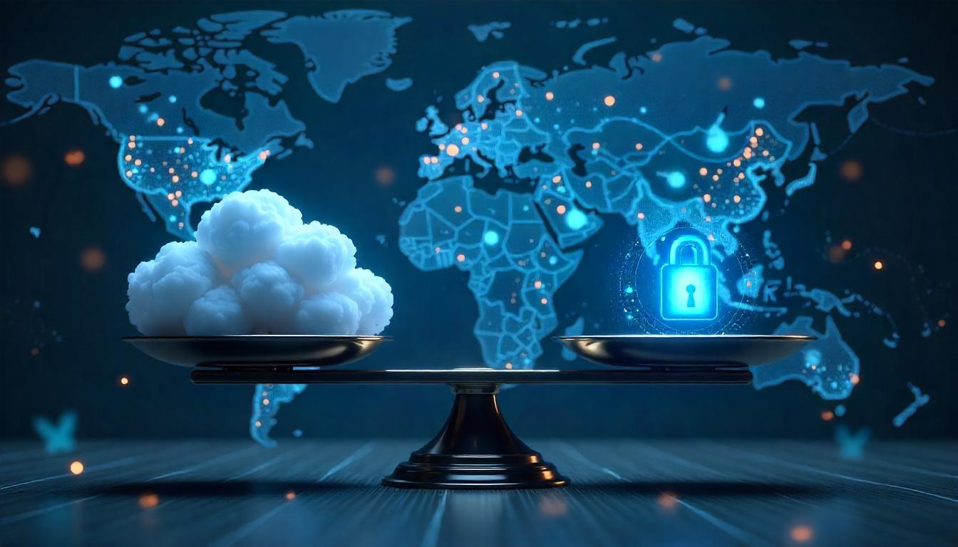 This captivating scene, featuring the dynamic, interactive world map overlaid with the balanced scales, underscores the collaborative nature of the shared responsibility model explained. The scale's even distribution of the security lock and the cloud-like element reflects the equal onus placed on the MSSP and the client to ensure comprehensive protection against cyber threats, with both parties playing a vital role in maintaining the delicate balance.