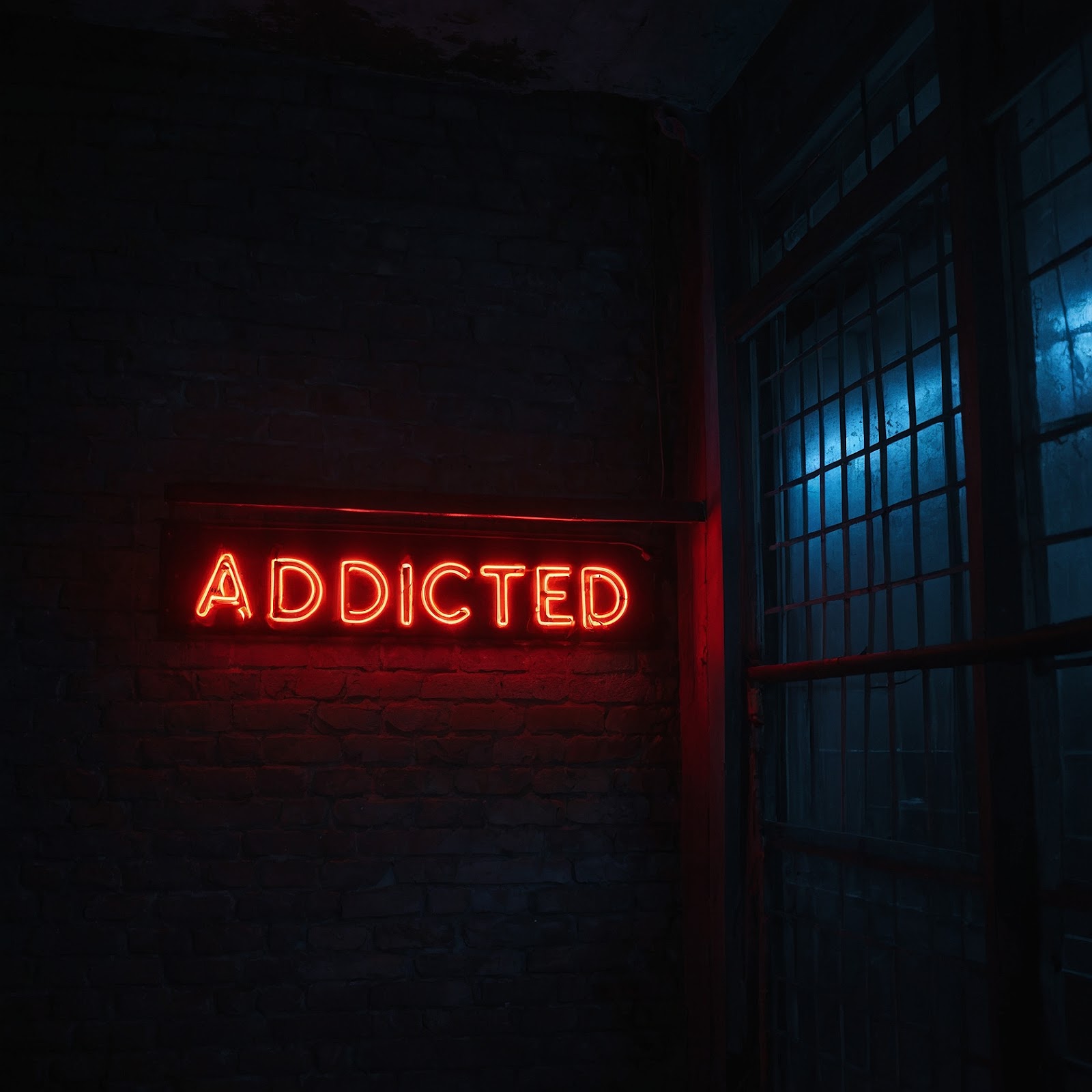 A red neon sign that says “Addicted to Her” glowing in the darkness – A direct, visual take on limerence.