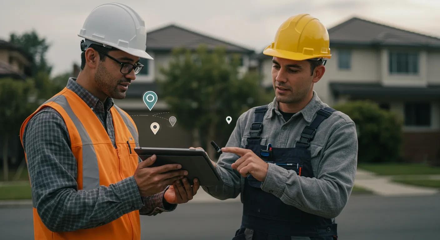 A friendly contractor in branded gear consulting a homeowner over a digital map on a tablet, with nearby location pins and a suburban street scene behind them.