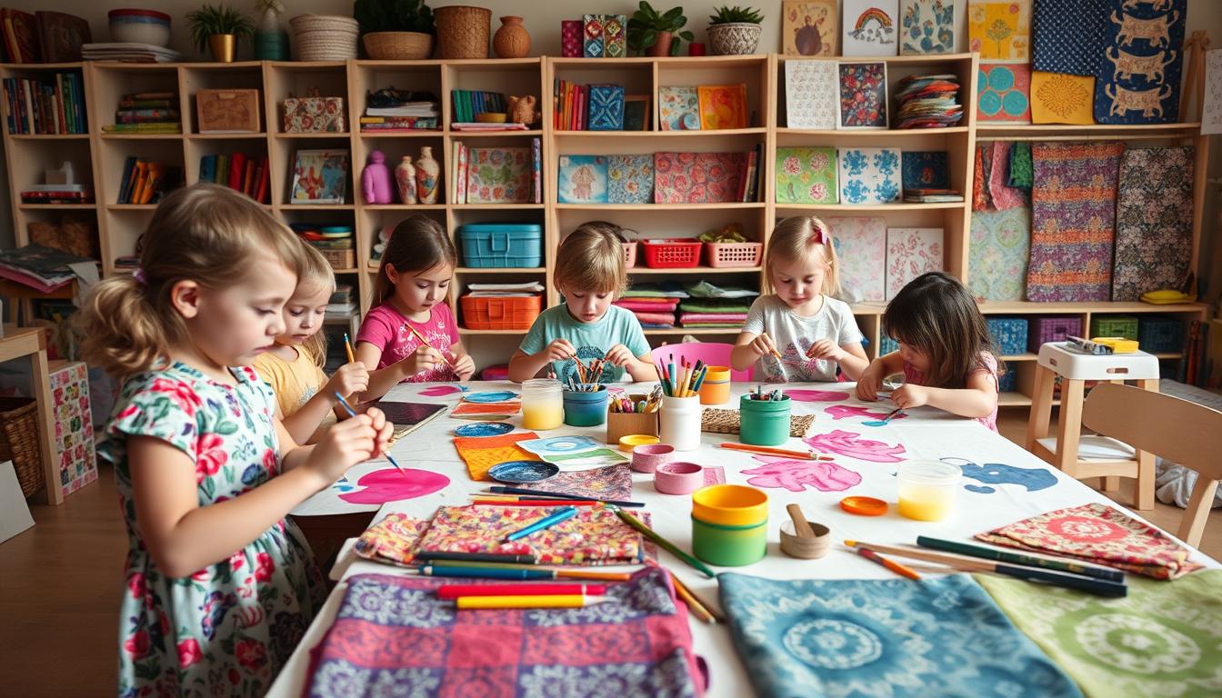 A cozy, well-lit children's craft studio with vibrant batik patterns and tools. In the foreground, a group of young kids intently focused on painting traditional batik designs on fabric using wax-resist and dye techniques. In the middle ground, a table displays an array of colorful batik-patterned fabrics, brushes, wax pots, and other batik-making tools. The background features shelves filled with finished batik pieces and inspirational artwork. The overall atmosphere is one of creative exploration, cultural heritage, and youthful energy.