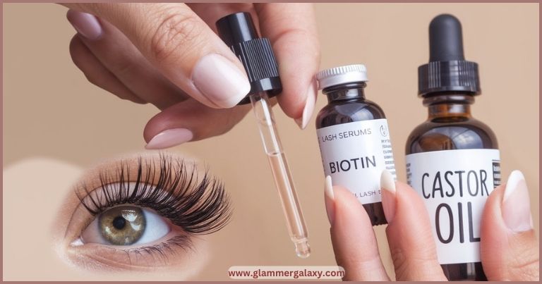 Hand holding eyelash serum dropper above bottle, next to castor oil bottle, with eye showing long lashes.