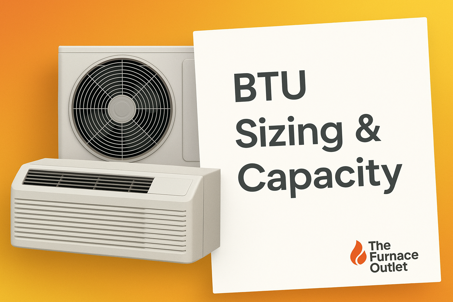 A promotional digital graphic from The Furnace Outlet displays a ductless mini-split outdoor unit and a PTAC unit beside a sign reading “BTU Sizing & Capacity,” all set against a warm orange-yellow background with The Furnace Outlet logo at the bottom.