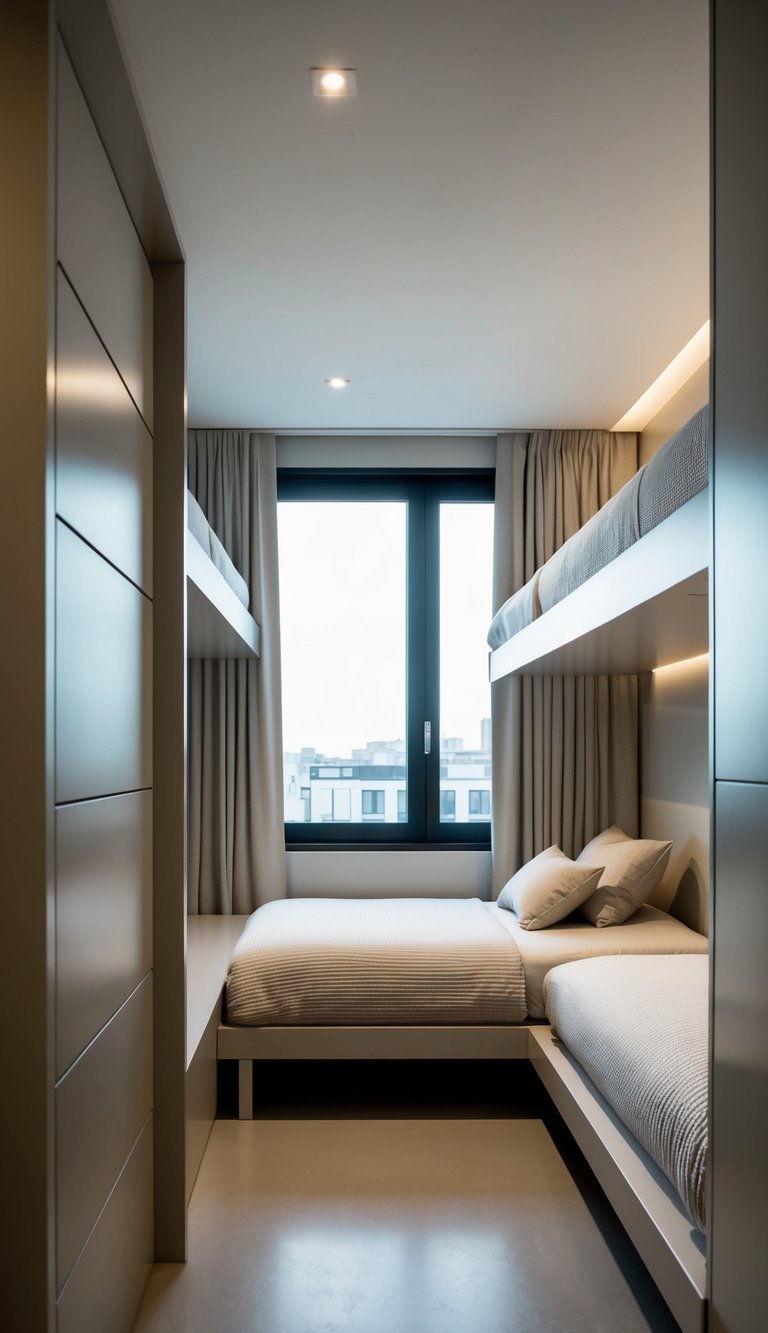 A modern, minimalist bunk room with sleek furniture, clean lines, and a neutral color palette