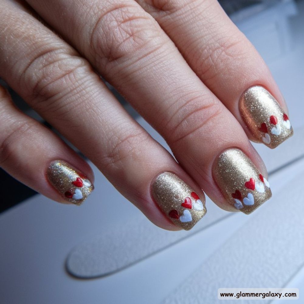 Short Christmas Nails having Sparkly Gold Nails