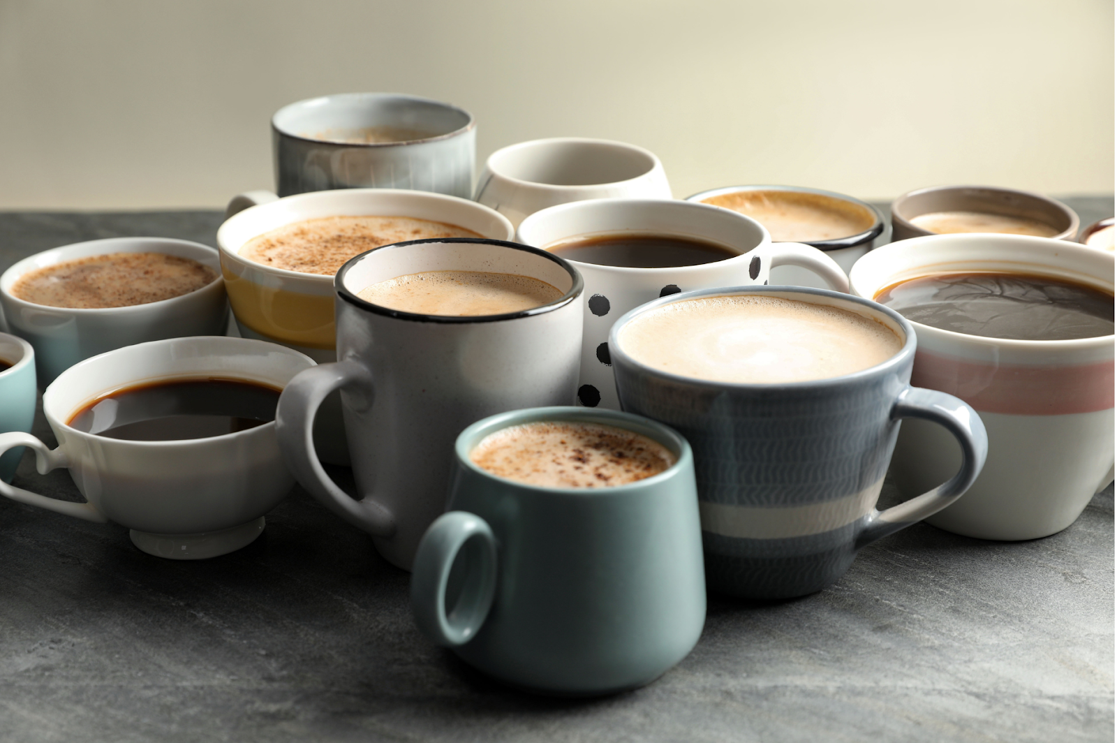 A picture showing a lot of coffee cups with design elements that enhance coffee enjoyment.