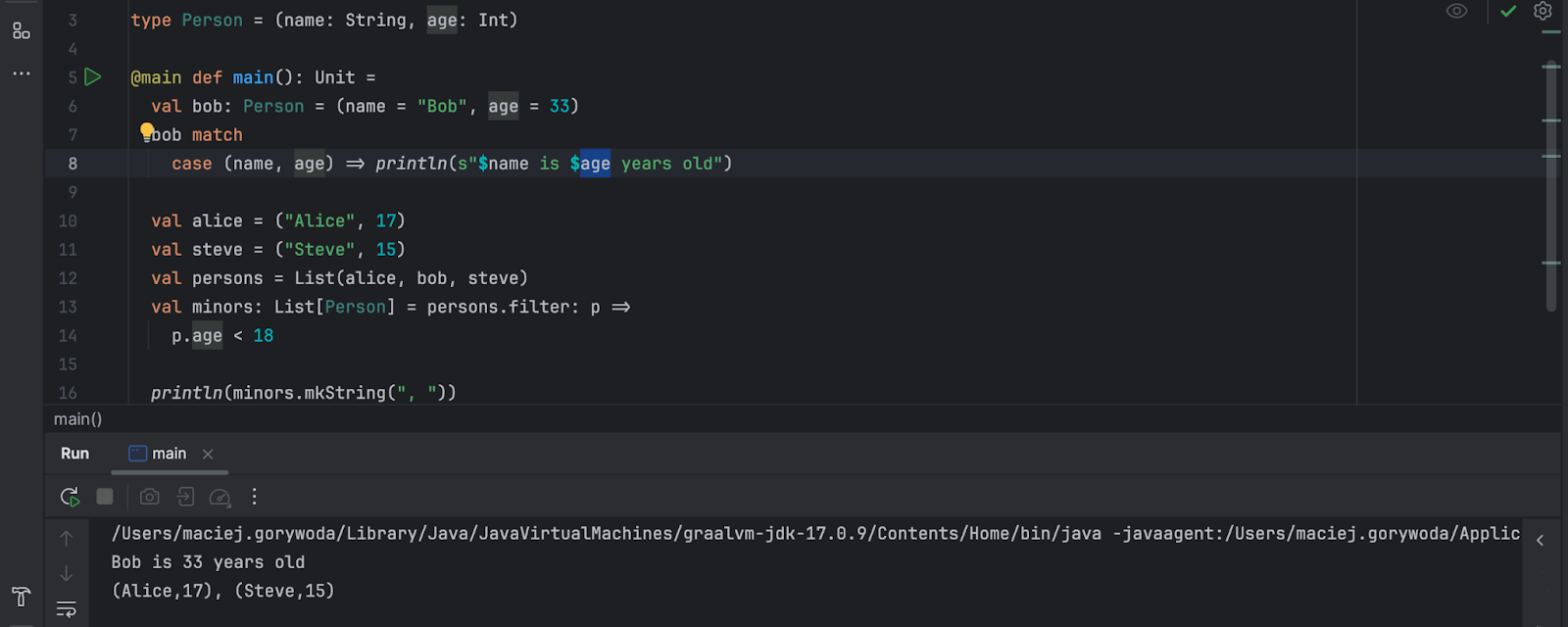 A named tuple `Person` with fields `afe` and `name`