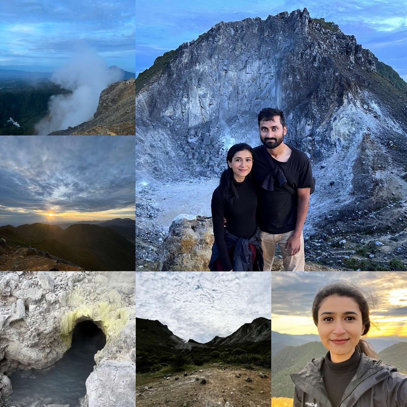 volcano summit featuring a beautiful sunrise and steam vents.