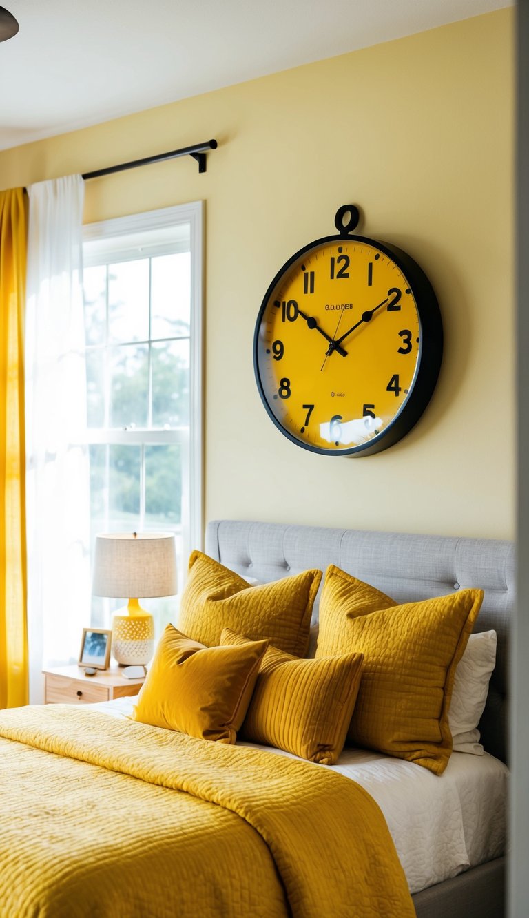 A goldenrod wall clock hangs above a yellow-themed bedroom with cozy decor and natural light streaming in through the window