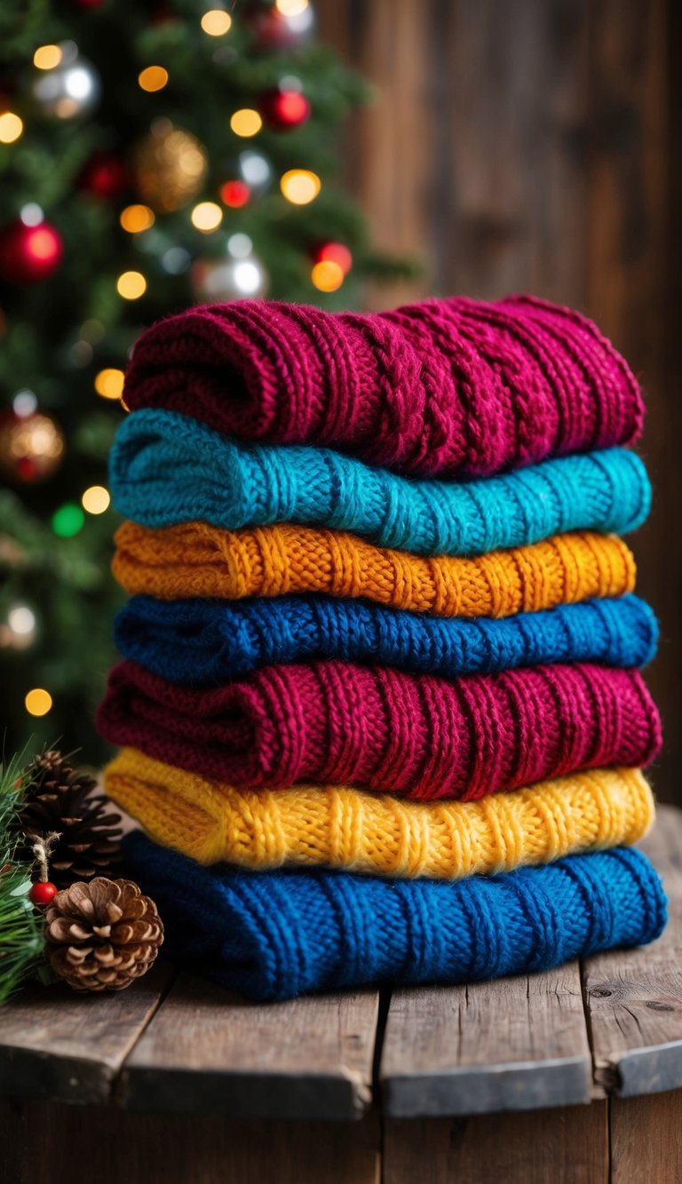 Colorful knitted scarves arranged on a rustic wooden table with festive decorations