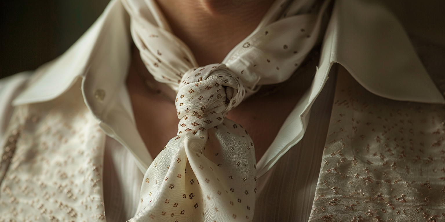 A classic cravat loosely tied under an open shirt collar, made of rich silk with subtle patterns and a soft sheen. The look has vintage charm, evoking 18th-century elegance blended with modern style. The shirt is crisp white, the background warm and softly lit to highlight the texture and flow of the fabric.