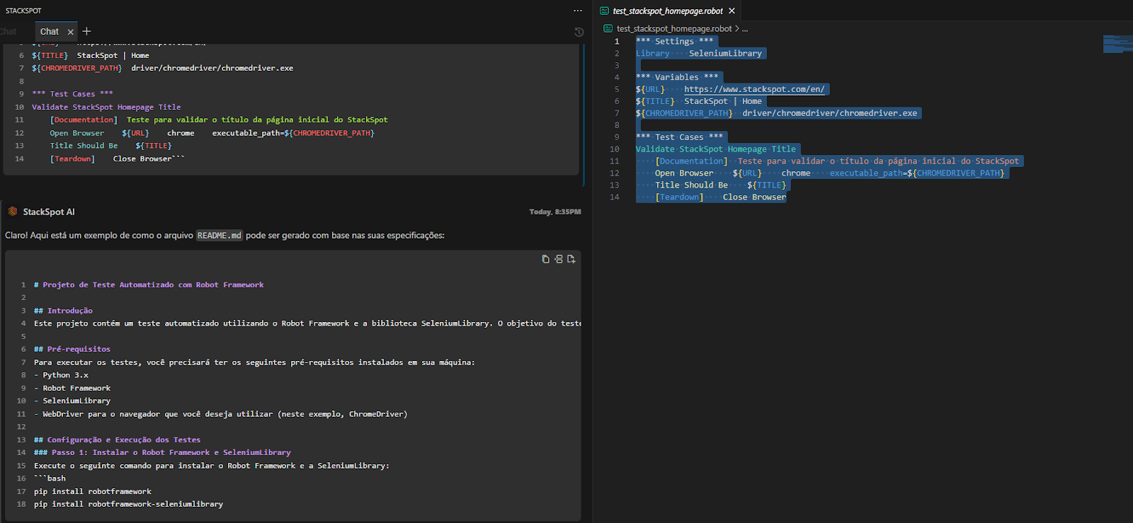 Do lado esquerdo da foto temos parte do trecho da IDE Vs Code com a resposta do Quick Command e do lado direito todo o código selecionado código.