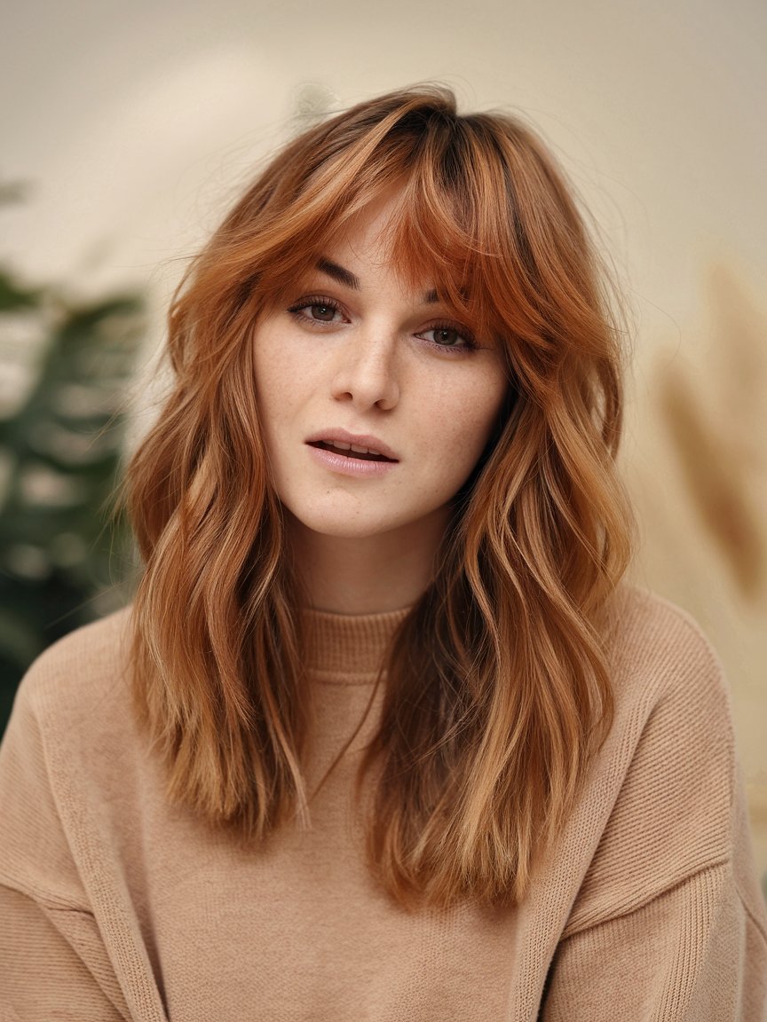 19. Honey Copper Lob with Curtain Bangs