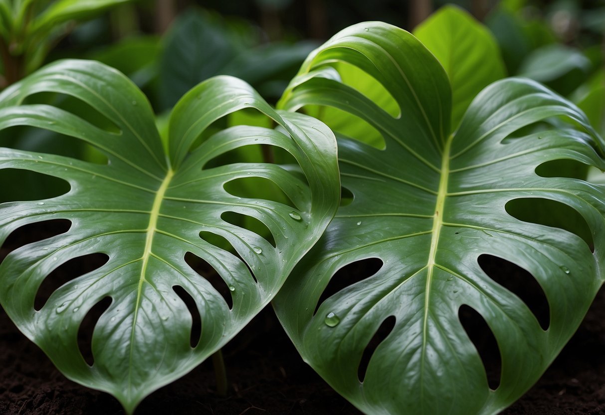 Lush green leaves of Philodendron Pastazanum and Plowmanii, side by side. Pastazanum's heart-shaped, glossy foliage contrasts with Plowmanii's elongated, deeply-lobed leaves. Rich