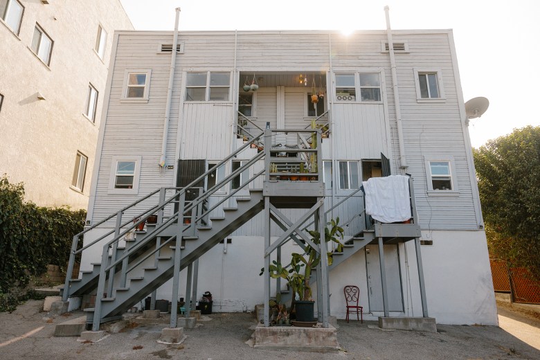 The patio and patio stairs and rear exterior of a home is visible from the backyard. The sun is visible on the edge of the roof. Various plants in pots are located on the stairs, patio and exterior of the home.