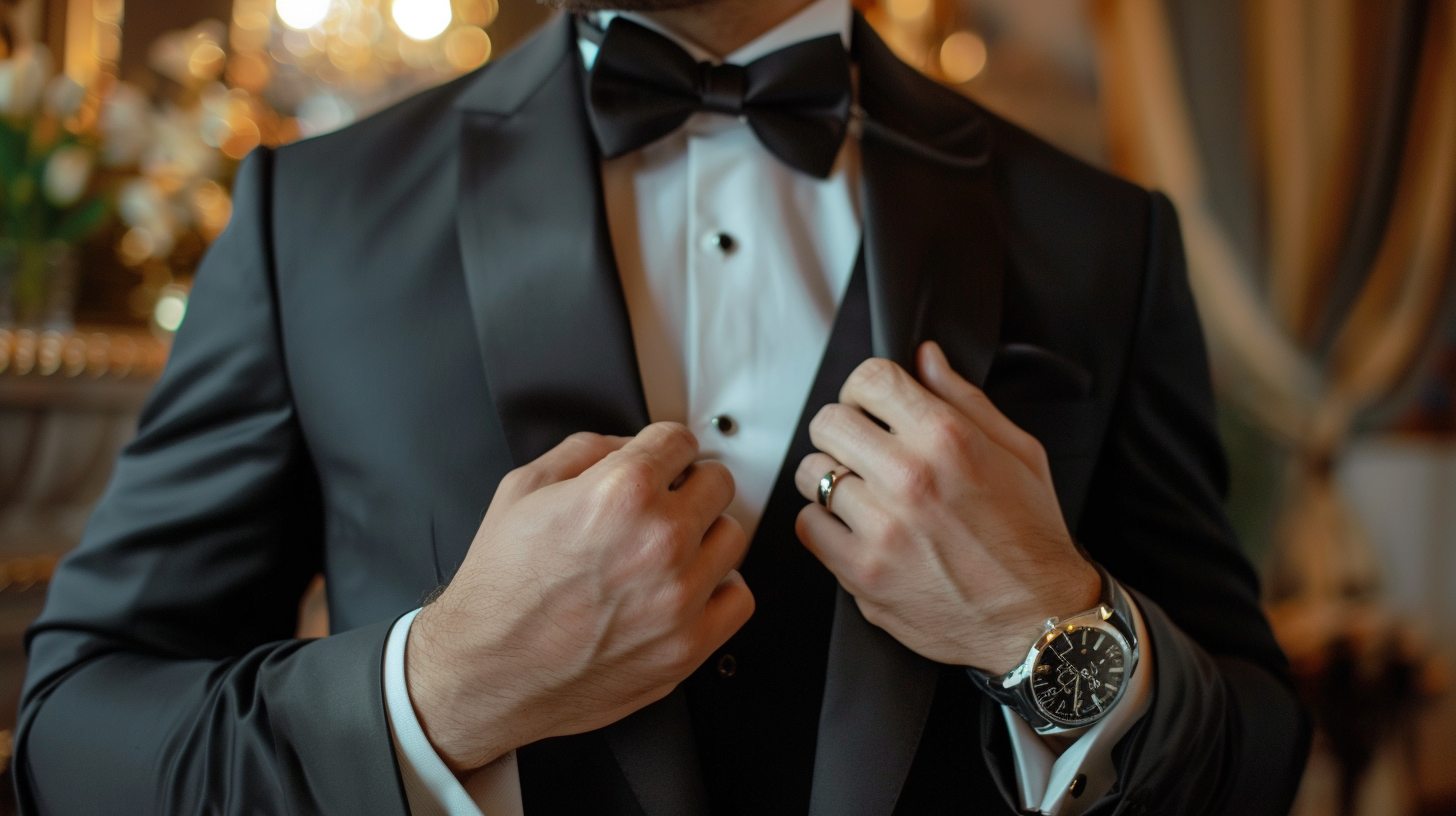 A man in a tuxedo with satin lapels and a black bow tie, dressed for a black-tie evening event, warm lighting, formal atmosphere, elegant ballroom background, polished black shoes and classic watch