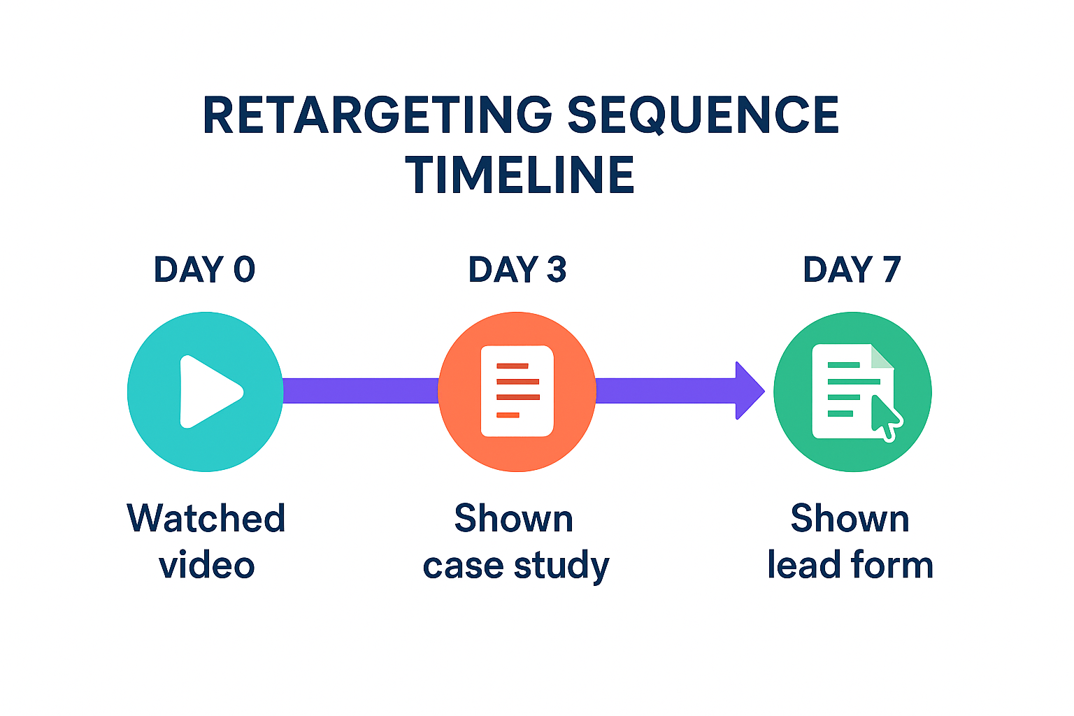 Horizontal timeline graphic showing retargeting steps on Day 0, Day 3, and Day 7 after a TOFU ad interaction