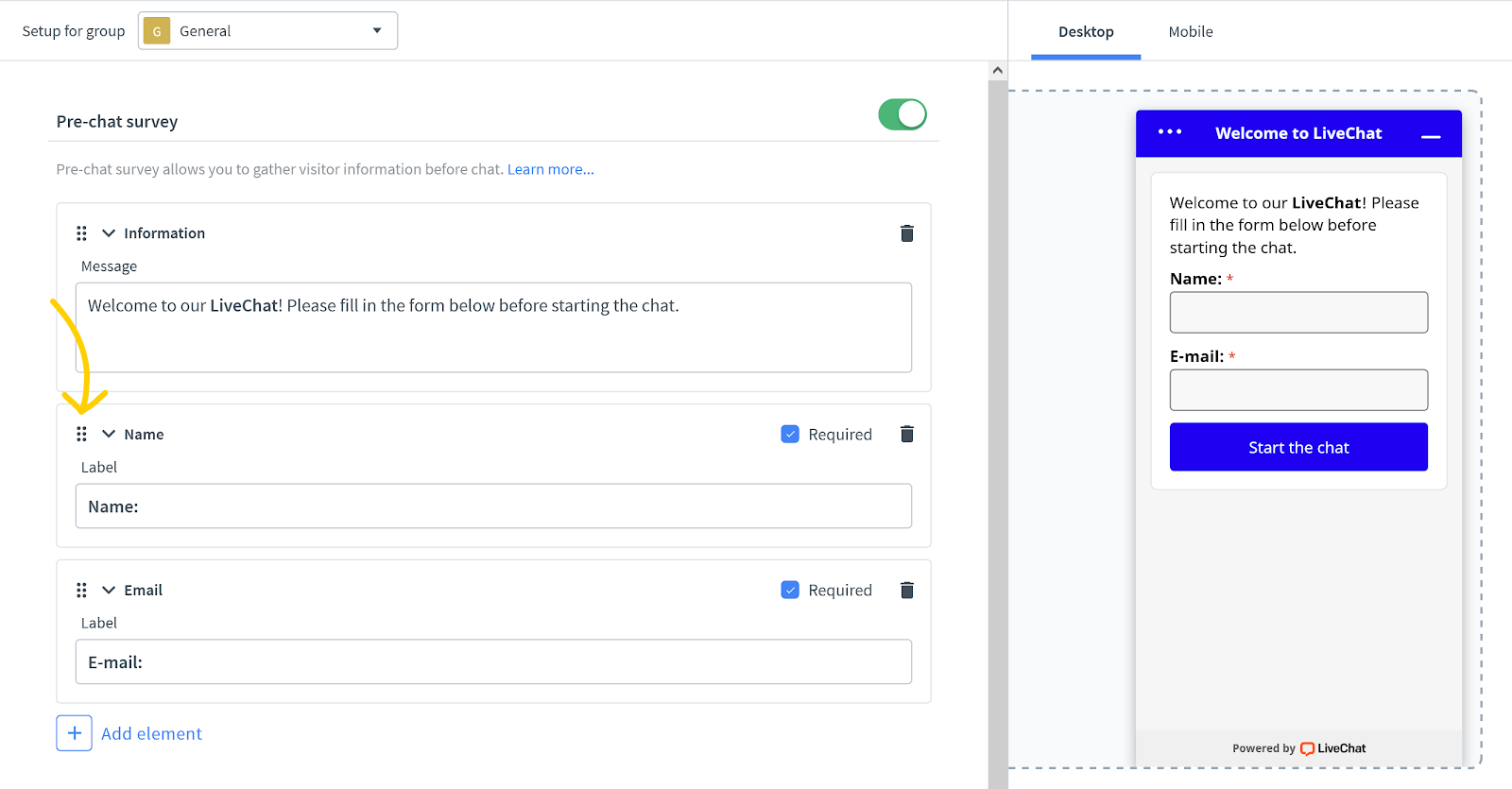 How to reorder fields in the pre chat form.
