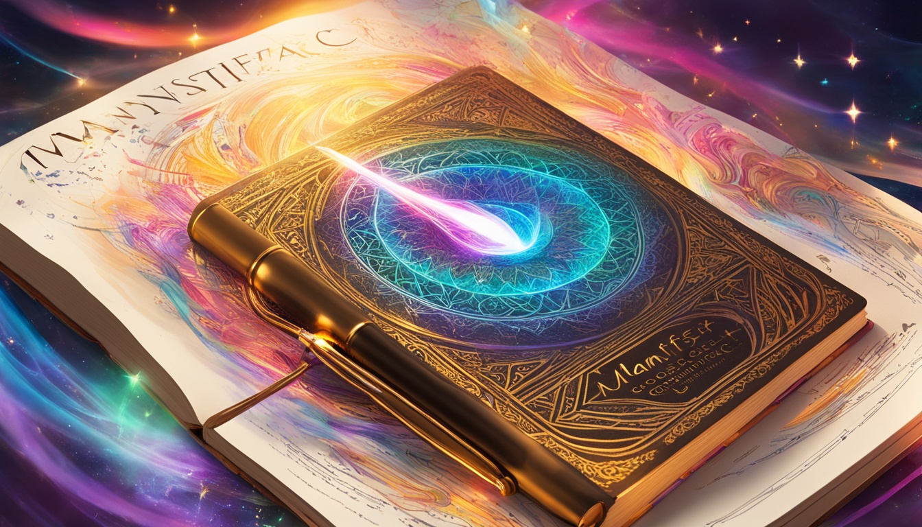 A golden pen lies on an open journal page with the words "Manifest Contact" written in bold letters. The page is filled with colorful illustrations of goals and dreams, surrounded by glowing, swirling energy. The pen seems to emit a beam of light, as if channeling the writer's intentions onto the page.