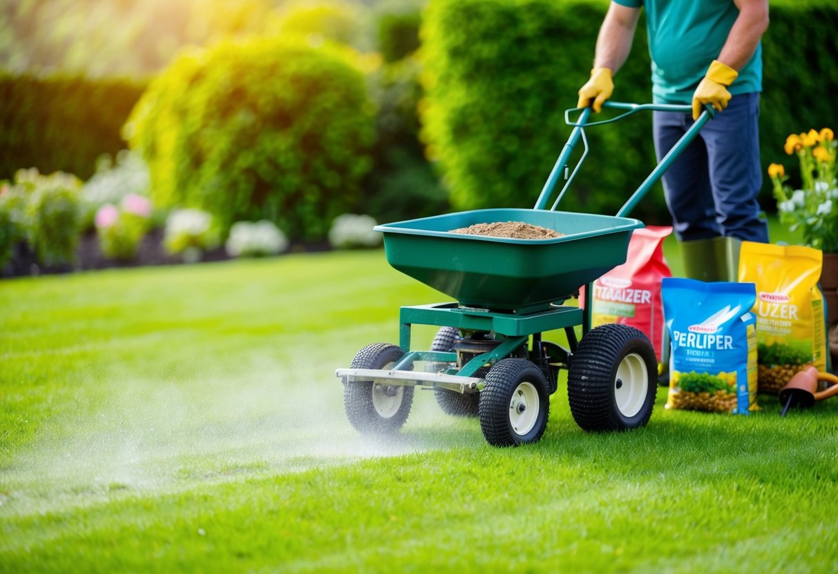 A lush green lawn being fertilized with a spreader, surrounded by bags of fertilizer and gardening tools