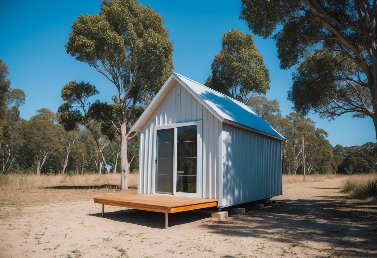 A small, DIY home with a lightweight, corrugated metal roof, surrounded by trees and a clear blue sky