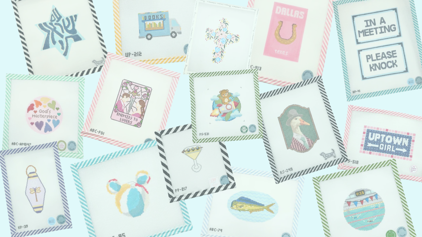 Assorted needlepoint canvases from Atlantic Blue showcasing vibrant, modern designs in various themes