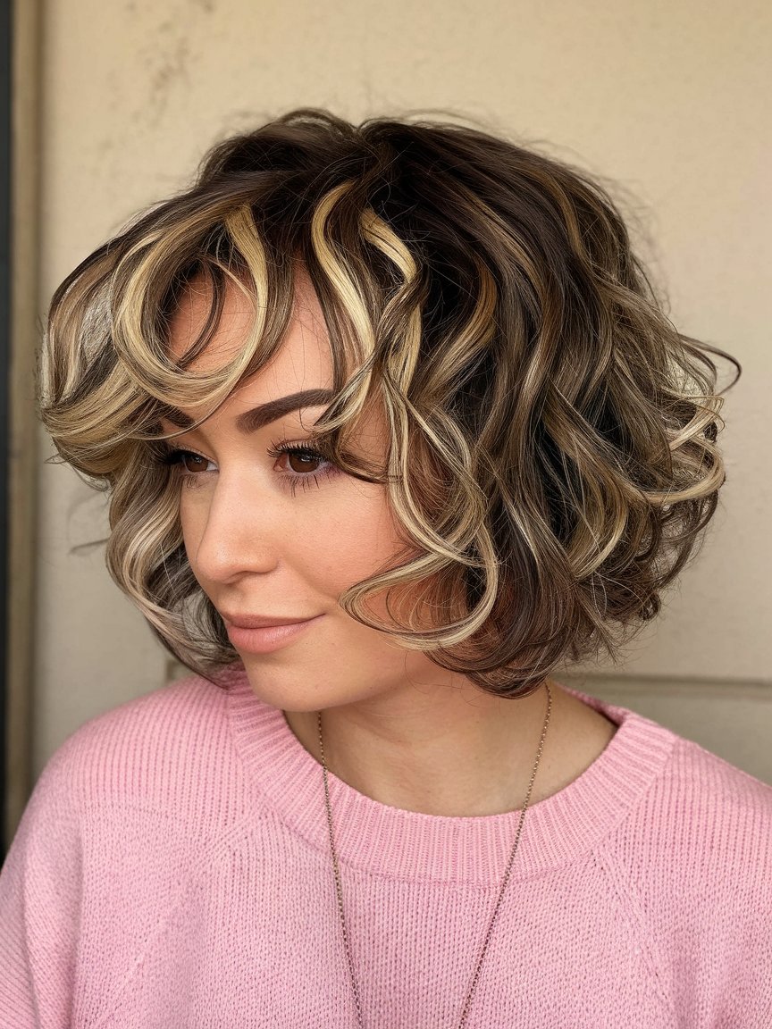 1. Curly Bob With Highlights