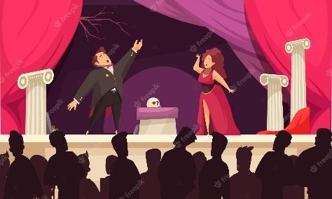 Free Vector | Opera theater scene flat cartoon with 2 singers aria onstage performance and audience silhouettes
