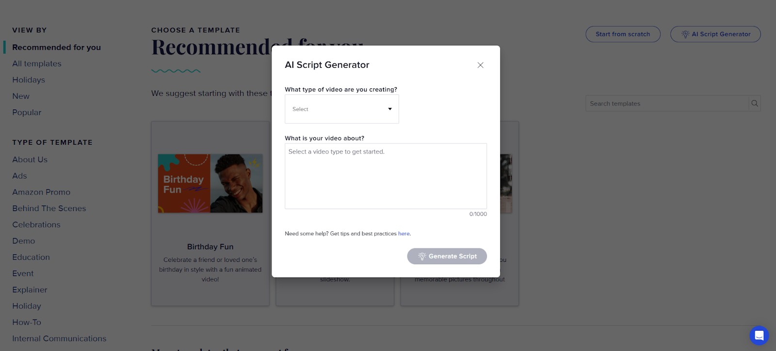 Animoto AI Script Generator popup asking for video type and content details to generate a script.
