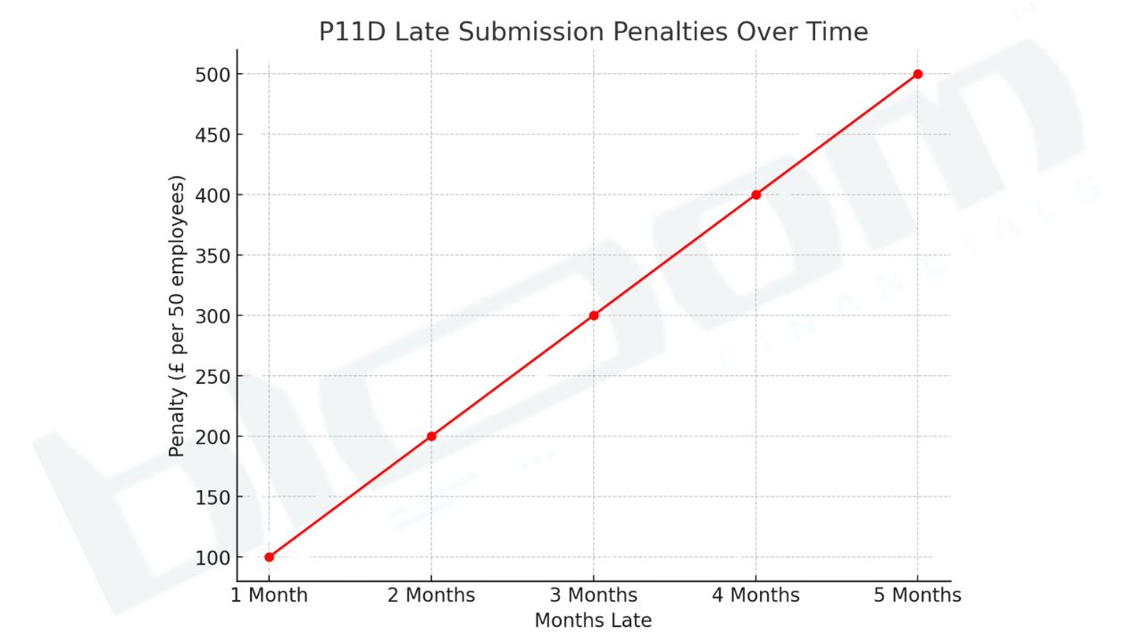 Line graph illustrating how penalties increase for late P11D submissions, emphasizing the financial impact on employers.
