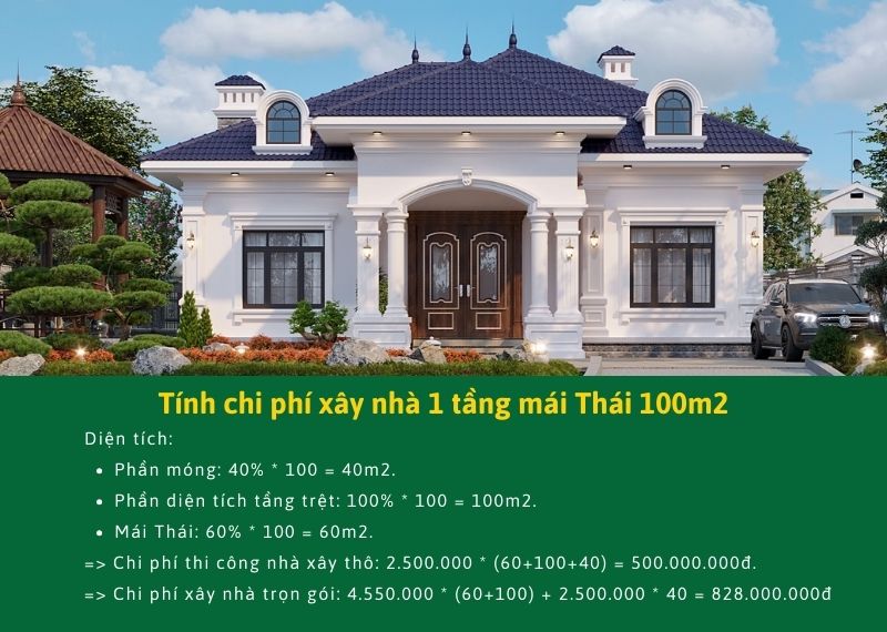 Tính chi phí xây nhà 1 tầng mái Nhật 100m2