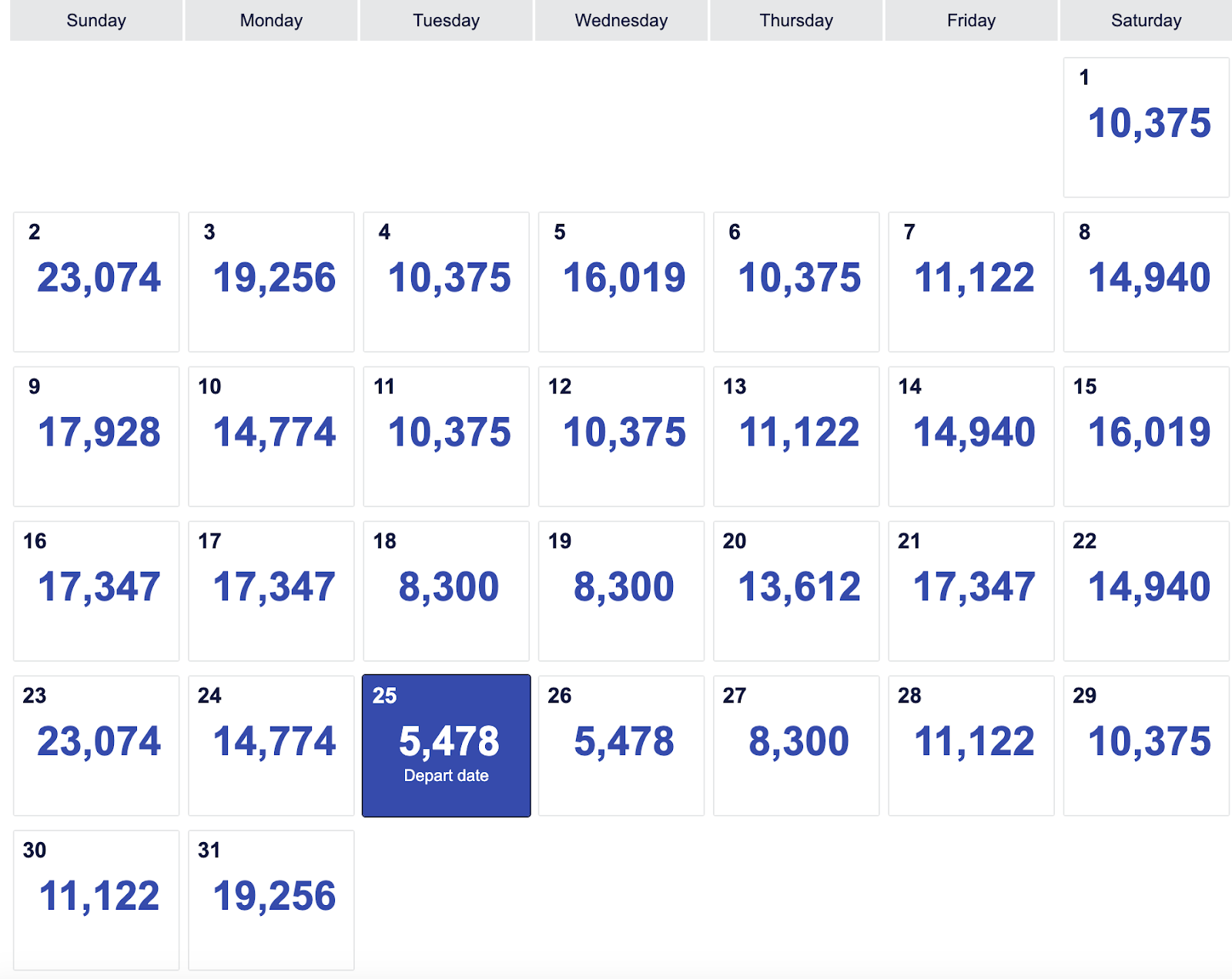 SW low-fare calendar