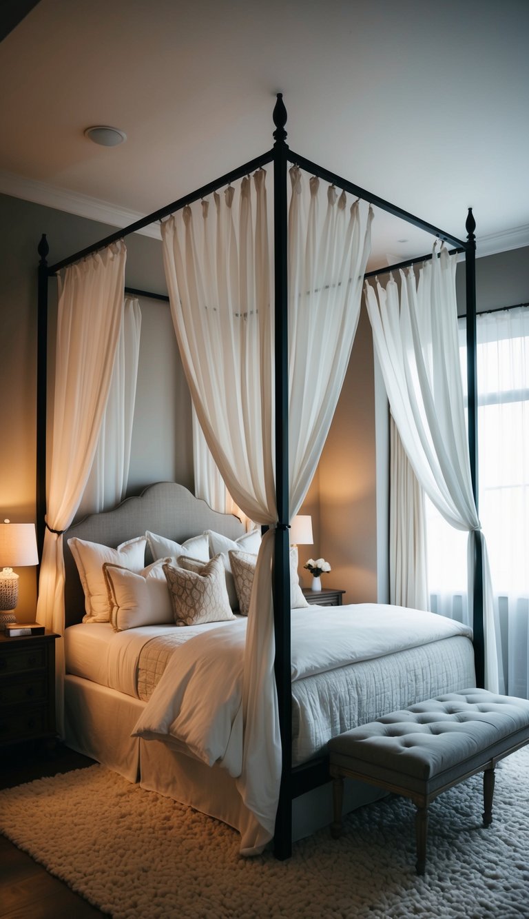 A canopy bed with flowing drapery, soft lighting, and plush bedding creates a cozy and inviting bedroom retreat