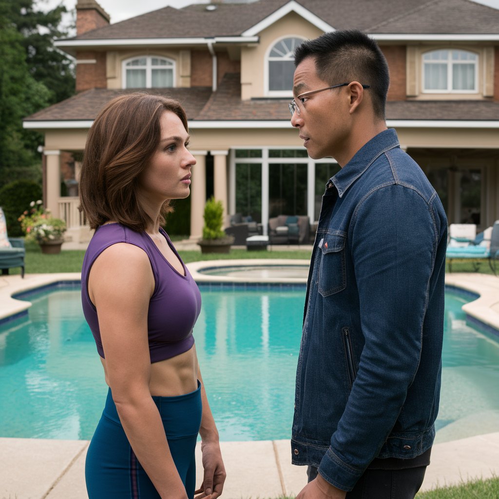 A couple chatting in the backyard of a luxurious home | Source: Midjourney