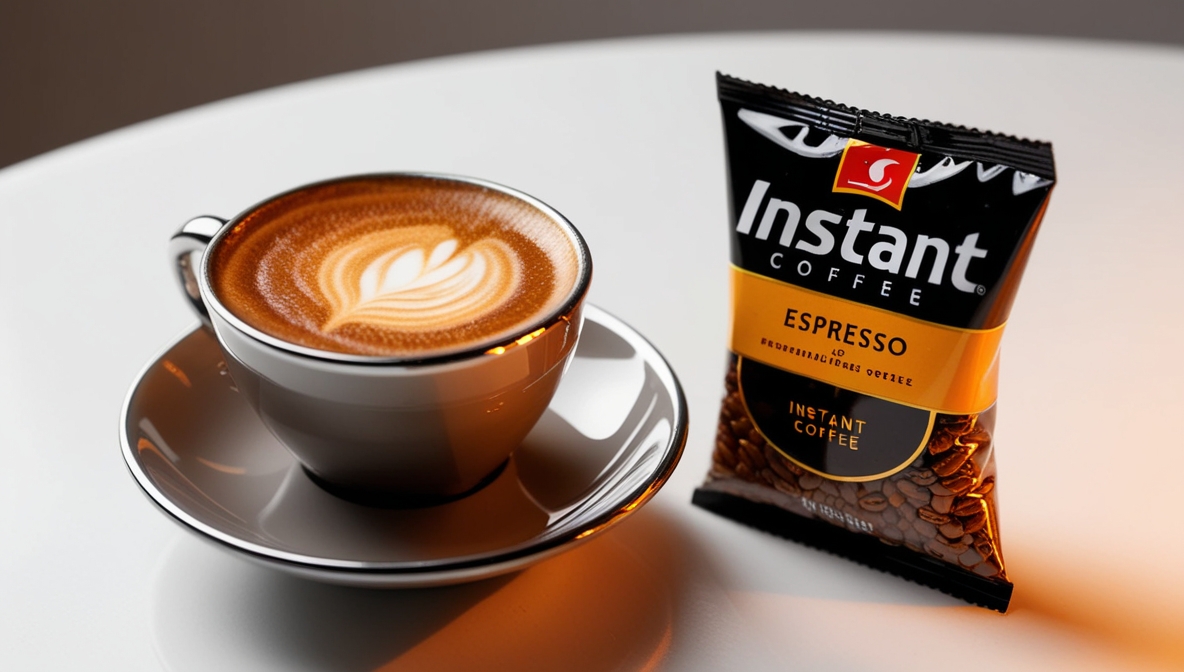 Image Description: A cup of latte with a heart-shaped design in the foam sits on a saucer next to a packet of instant espresso coffee. The packet is black with gold lettering and has a transparent window showing coffee beans. The overall image suggests the convenience of instant coffee and its ability to create barista-quality drinks.