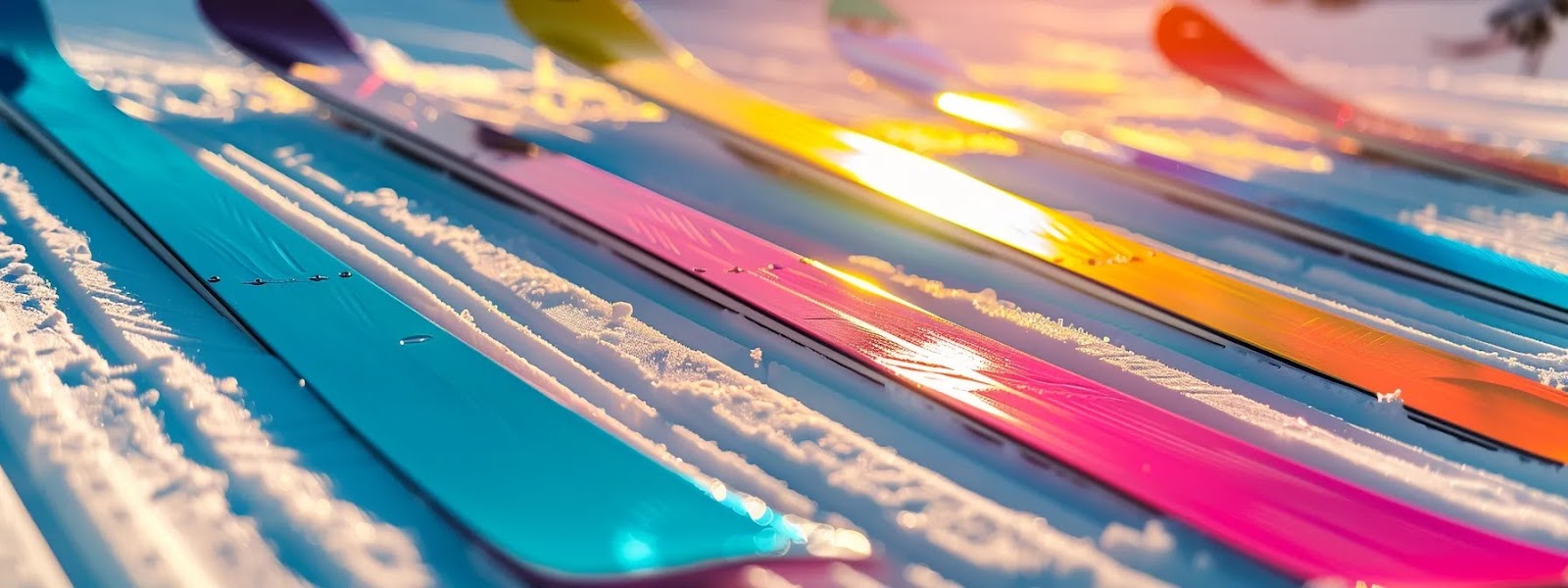 a bright, snowy slope with a row of colorful beginner skis for women lined up, showcasing their top-rated features of flexibility and stability.