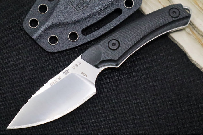 An image of the Buck 662 Alpha Scout Elite hunting knife, which features a drop point CPM-MagnaCut blade, a black textured G-10 handle, and a premium Kydex sheath.