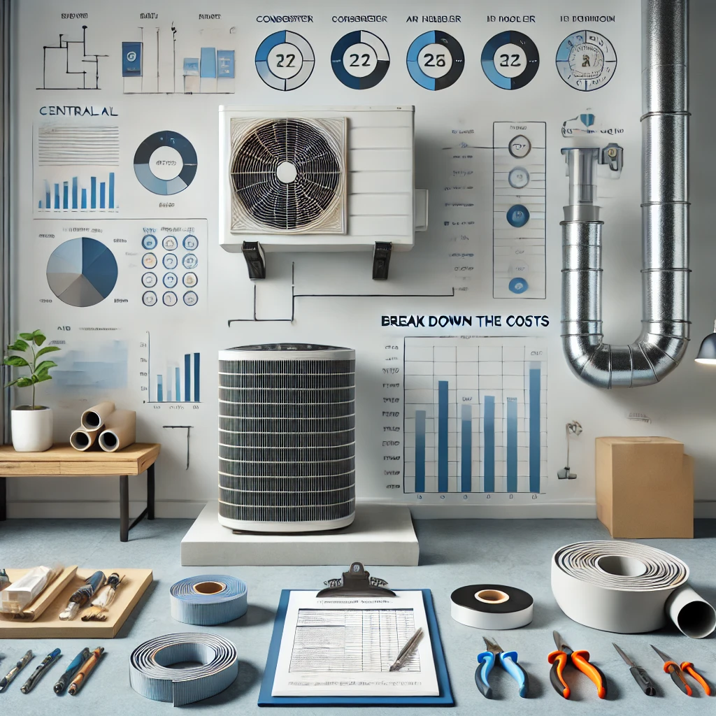 HVAC system installation workspace showing equipment, labor tools, ductwork, and cost breakdown documents for air conditioning.