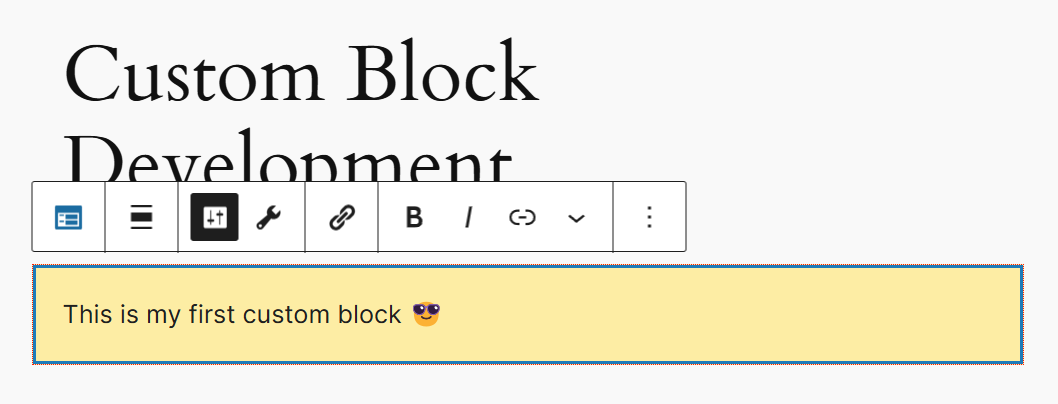 The custom block’s toolbar buttons have been neatly divided into various groups.