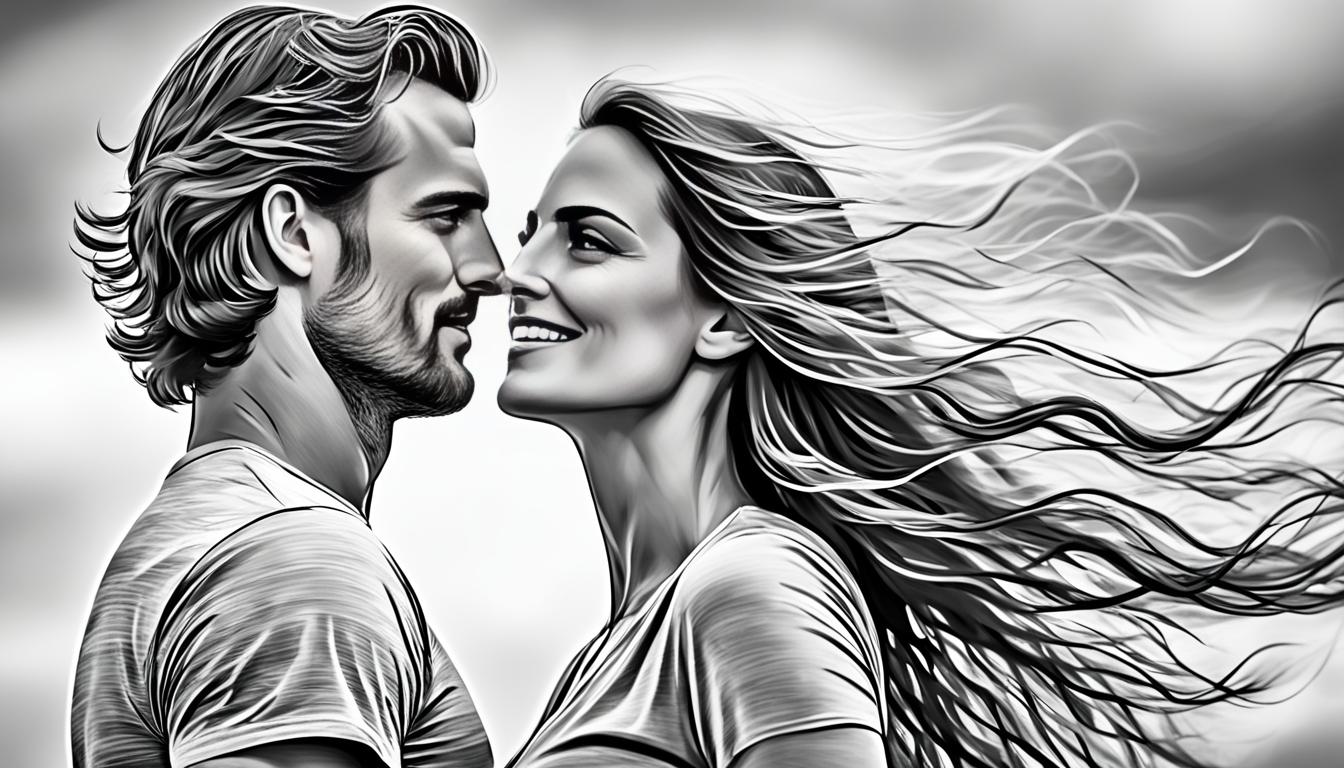 An image of a couple standing side by side, gazing out into the horizon. The man is tall and has broad shoulders, radiating confidence and strength. His face is kind and gentle, with a warm smile on his lips. The woman is equally confident and radiant, with long hair flowing in the wind. She gazes up at her partner with admiration and love. In the background, the sun sets over a beautiful landscape, signifying the beginning of a new chapter in their lives together. The image exudes a sense of peace, harmony, and fulfillment, reflecting the couple's shared beliefs and values in their conscious creation of their ideal life partnership.