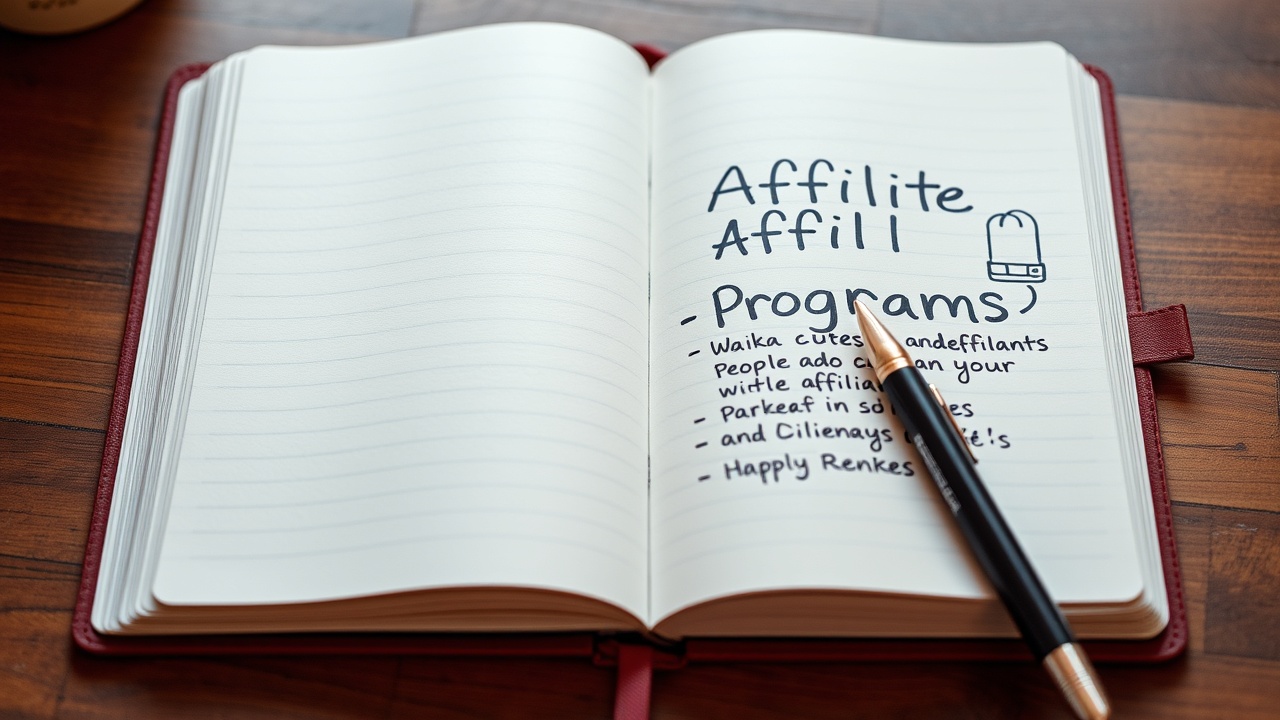 Um caderno está aberto com anotações sobre programas de afiliados escritas nele.